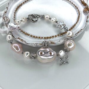 🤓😍 Handmade Freshwater Edison Coin Star Pearl Cute Bracelet Rhodium Plated 👑 ⭐️